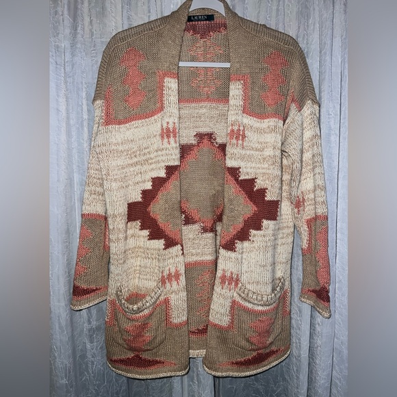 Ralph Lauren Size Small Southwest Aztec Boho Cotton Linen Blend Cardiganan - Picture 1 of 5